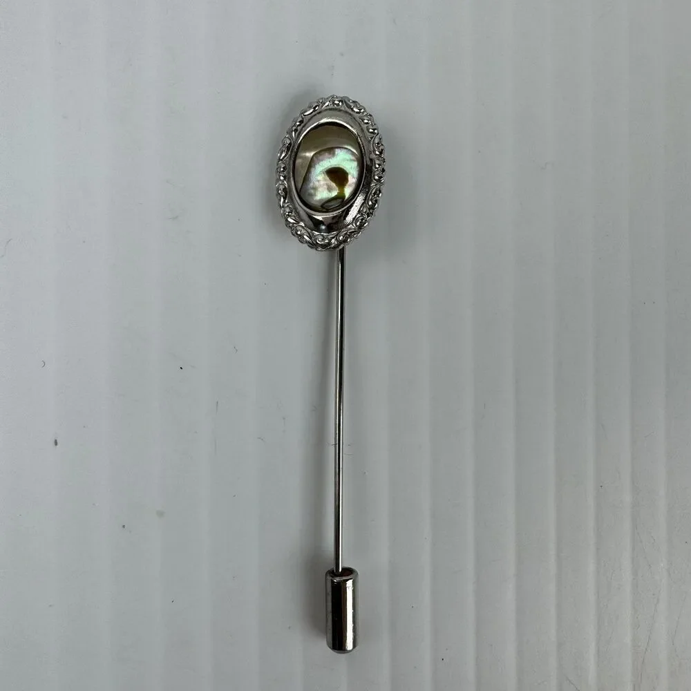 Vintage Abalone Shell Stick Pin Silver Tone Oval Lapel Hat Pin Classic